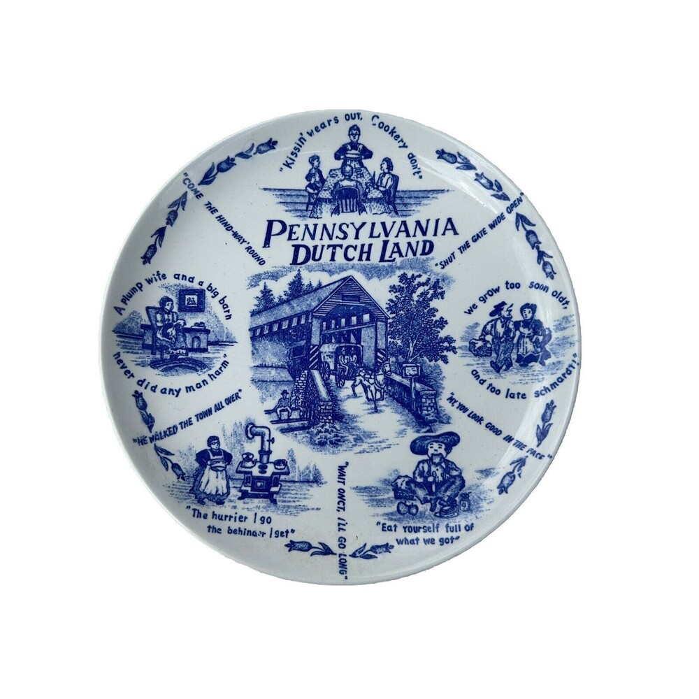 Pennsylvania Dutch Land Collector Plate Blue & White With Sayings 9.5" Diam Used